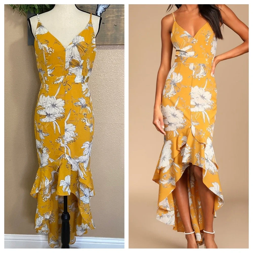 NWOT Lulus Darling Daylily Mustard Yellow Floral Print High-Low Maxi Dress